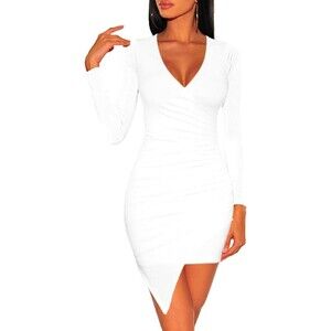 Bodycon Long Sleeve Ruched Deep V Neck Wrap Club Mini Dress Sz L